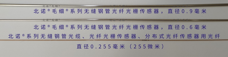 0.9毫米、0.6毫米的两种北诺®毛细®无缝钢管 光纤光栅传感器与光纤的尺寸对比